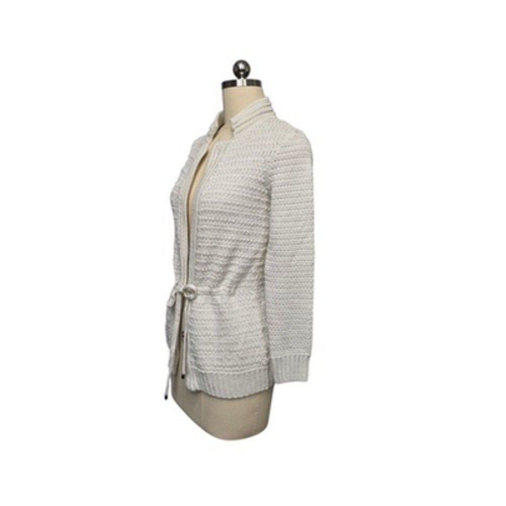 St. John Sweater Womens Petite Ivory Textured Knit Cardigan Tie Waist Open Front - Picture 8 of 12